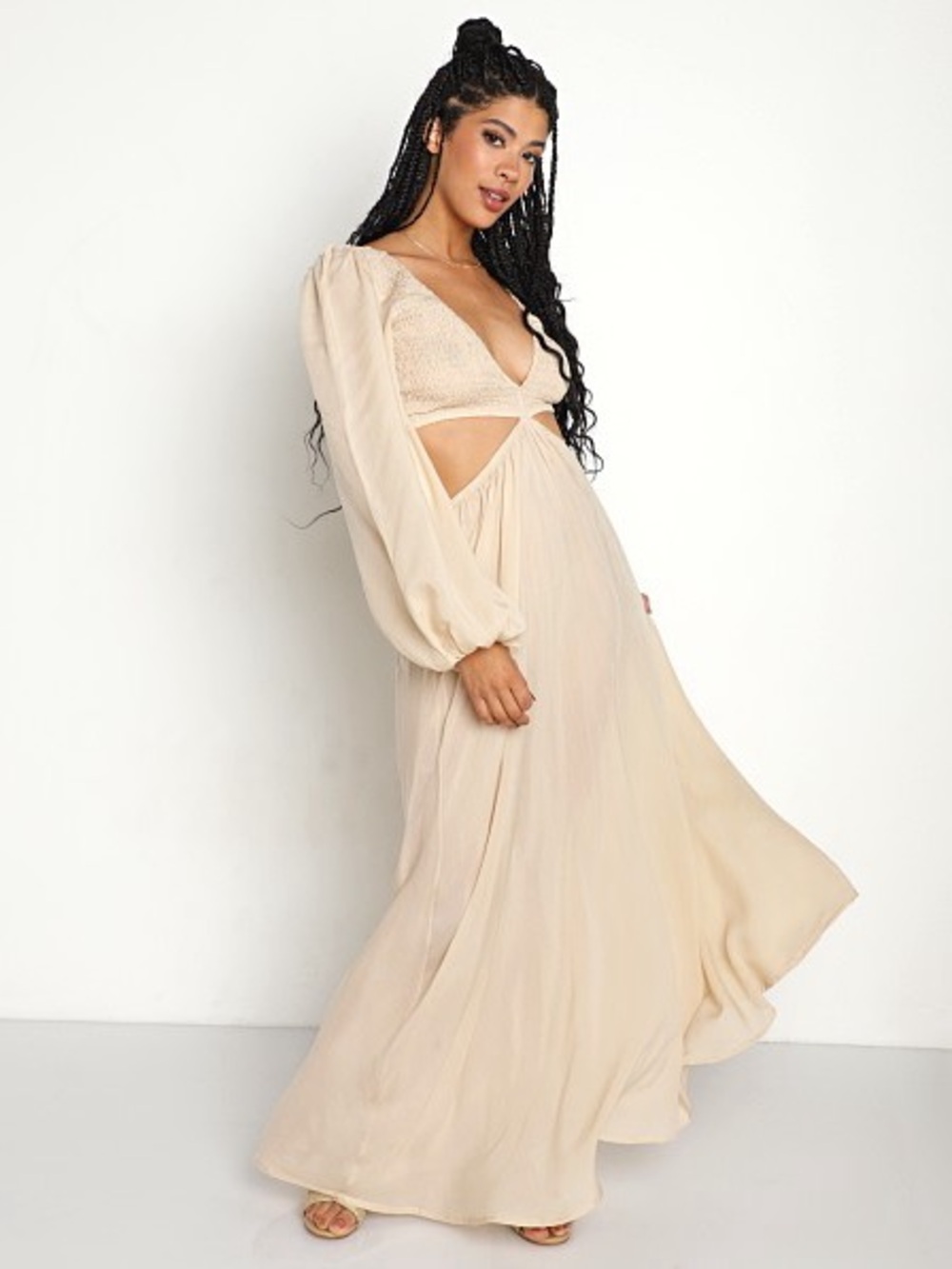 Indah Julie Cutaway Long Sleeve Maxi Dress Doe Cream Smocked NWT S